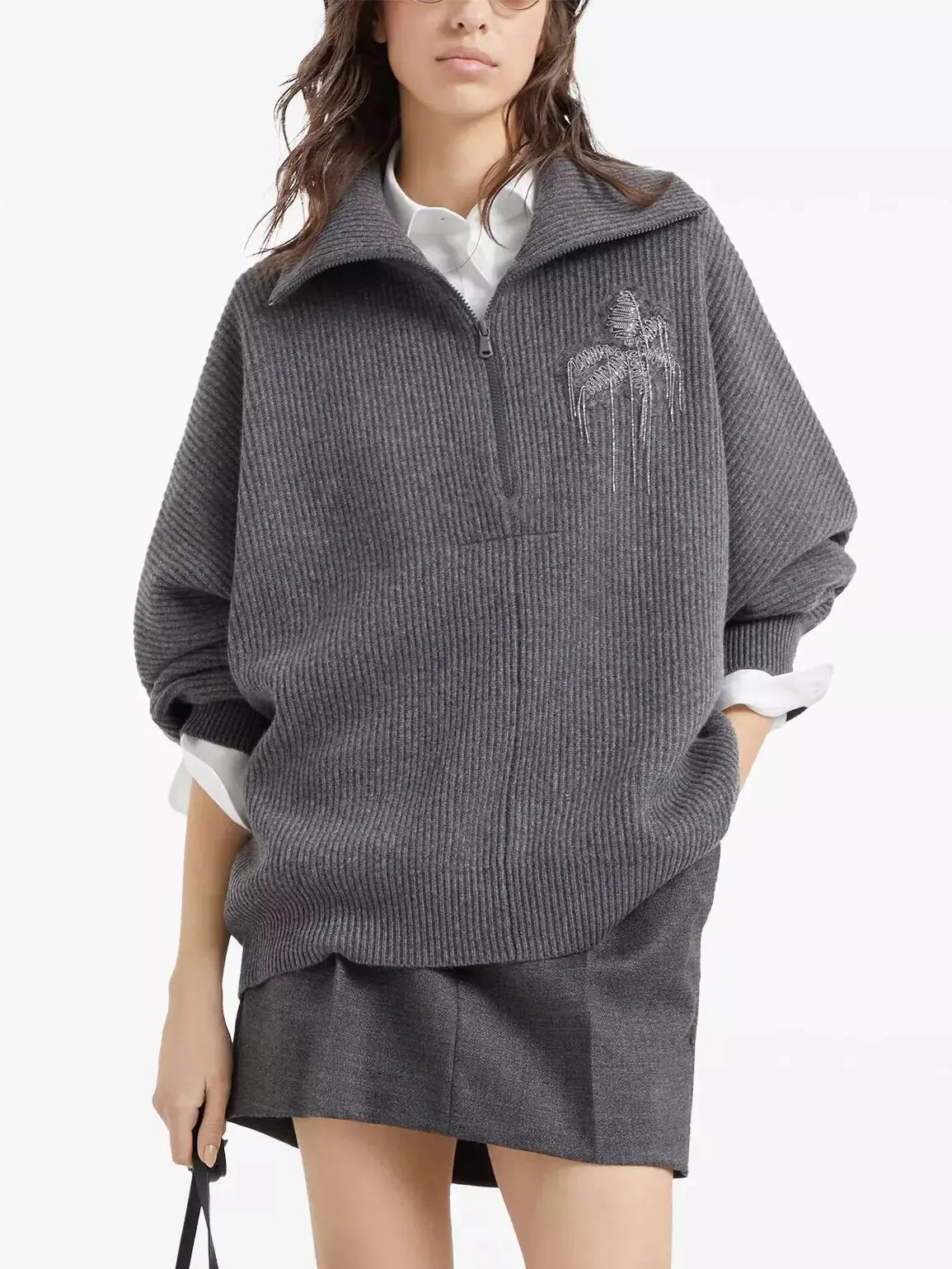 Gray Ribbed Knit Zip-Front Sweater with Flower Embroidery - Sweaters & Knitwear