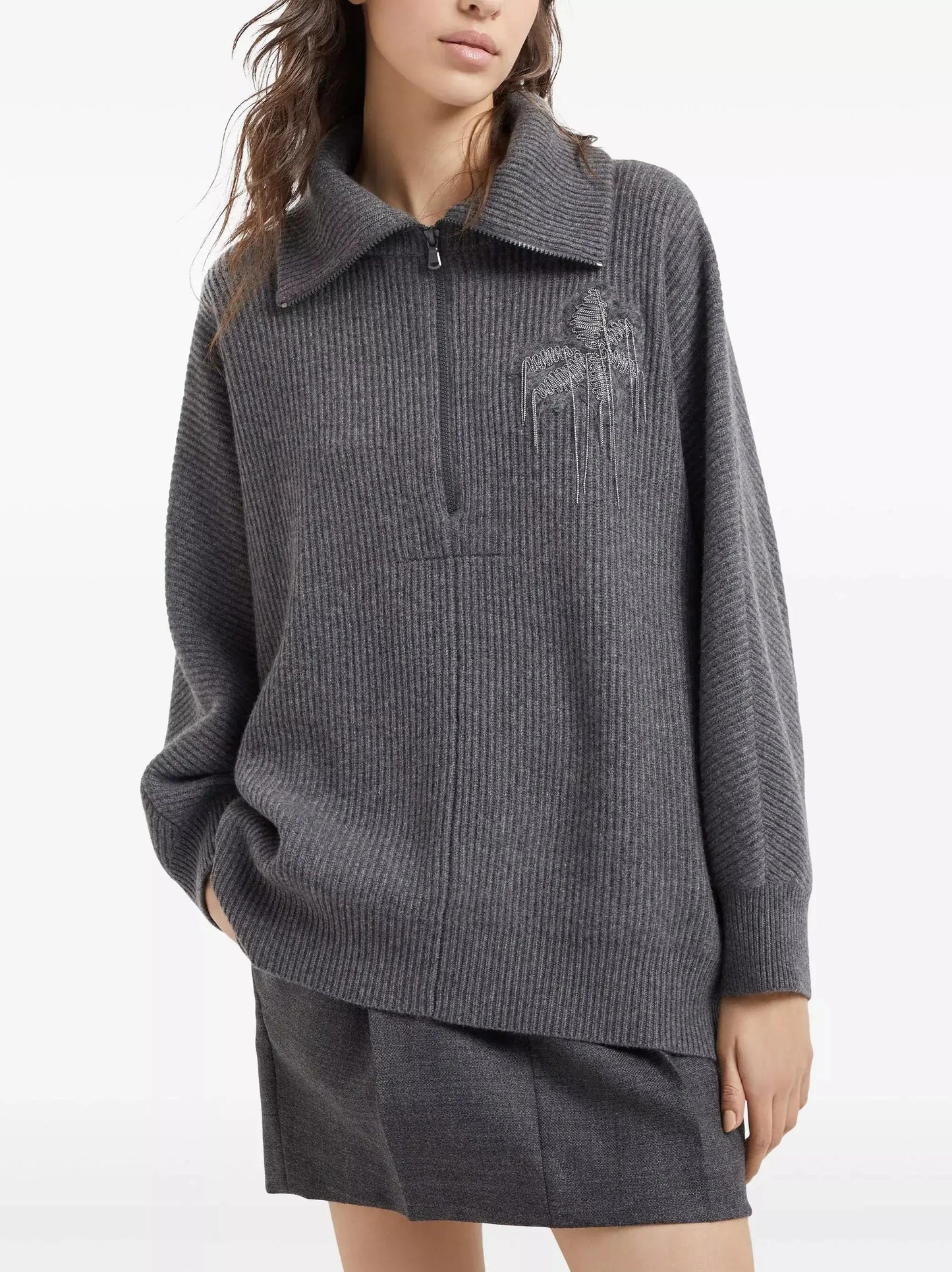 Gray Ribbed Knit Zip-Front Sweater with Flower Embroidery - Sweaters & Knitwear