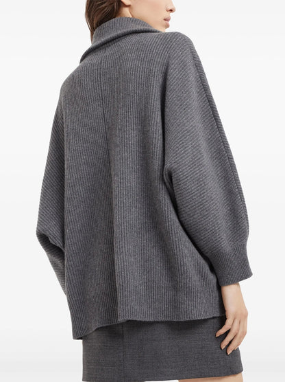 Gray Ribbed Knit Zip-Front Sweater with Flower Embroidery - Sweaters & Knitwear