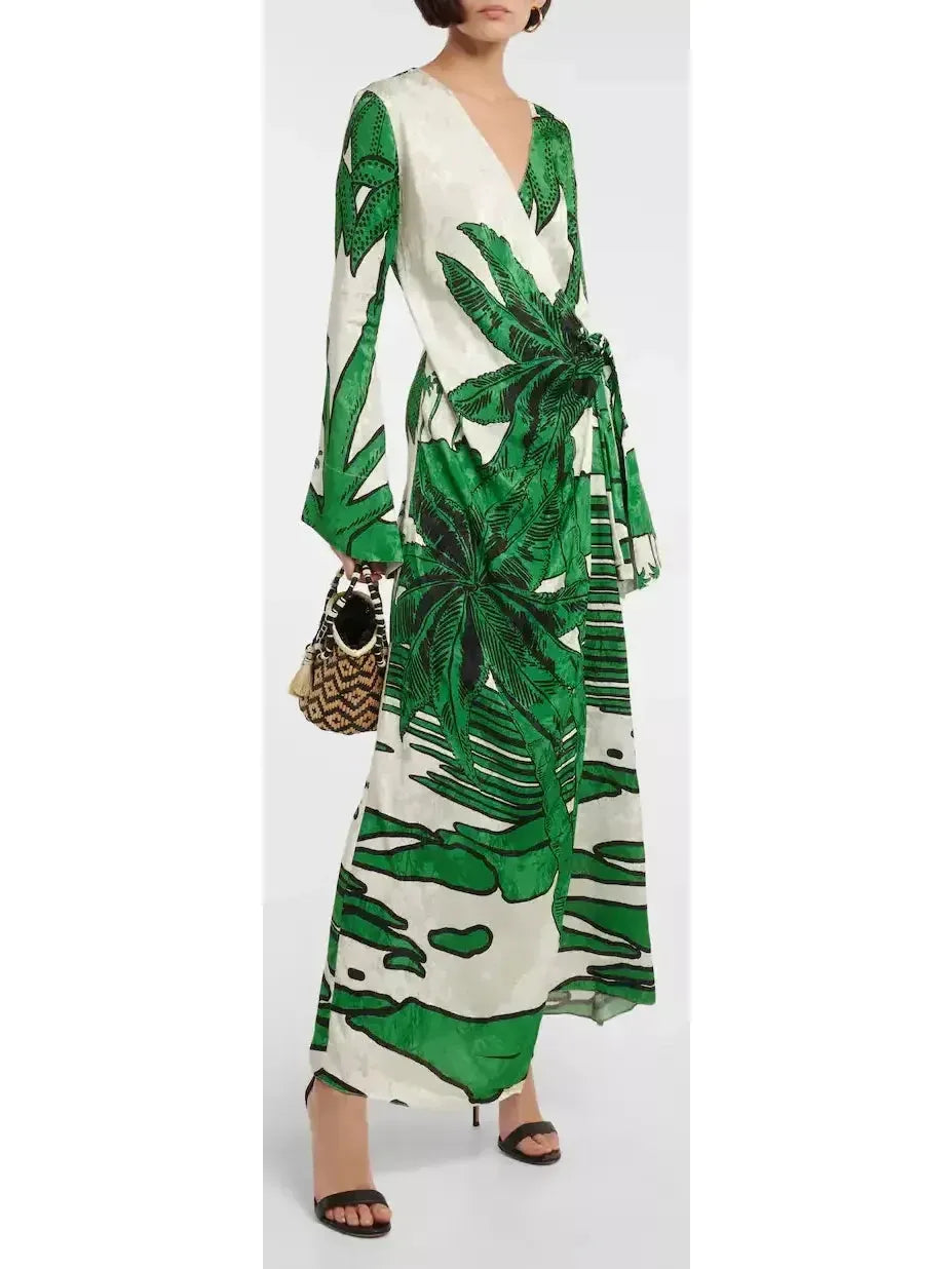 Green and White Palm-Printed Jacquard Wrap Dress - Dresses