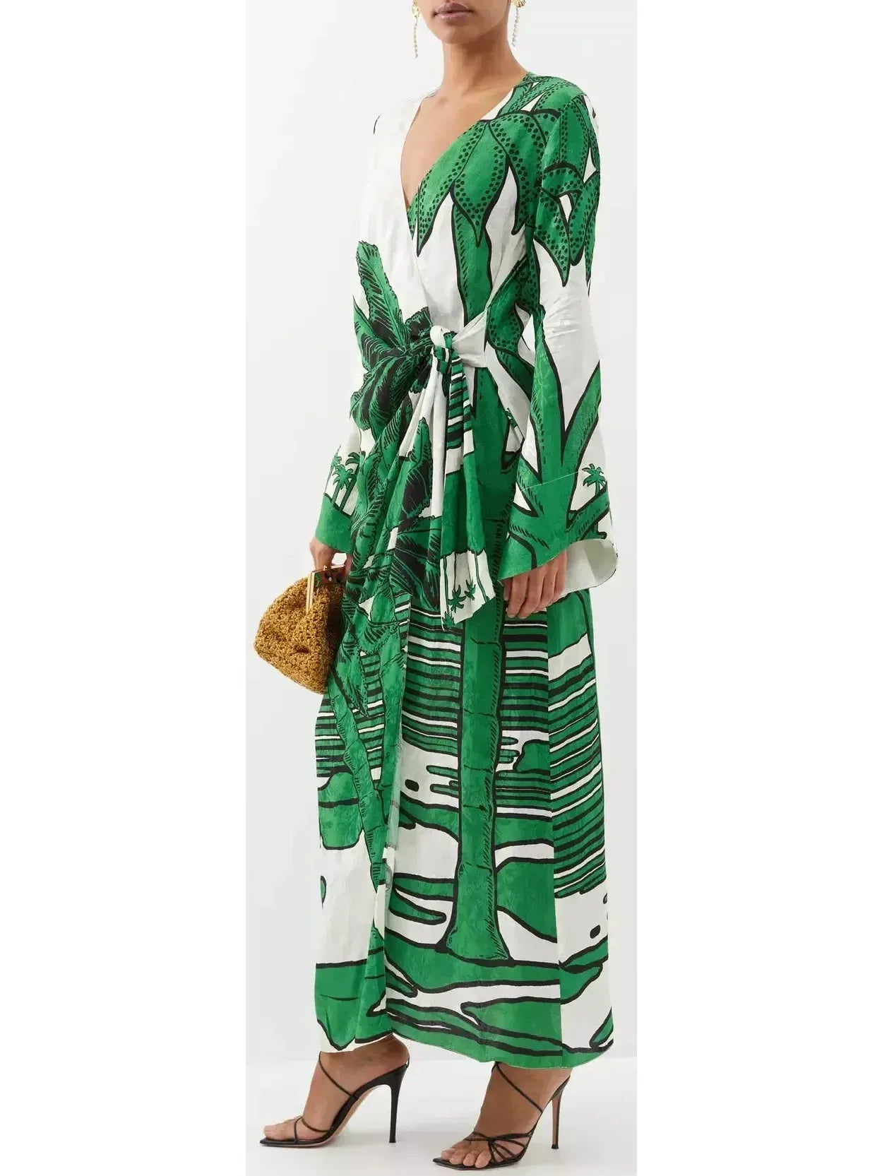 Green and White Palm-Printed Jacquard Wrap Dress - Dresses