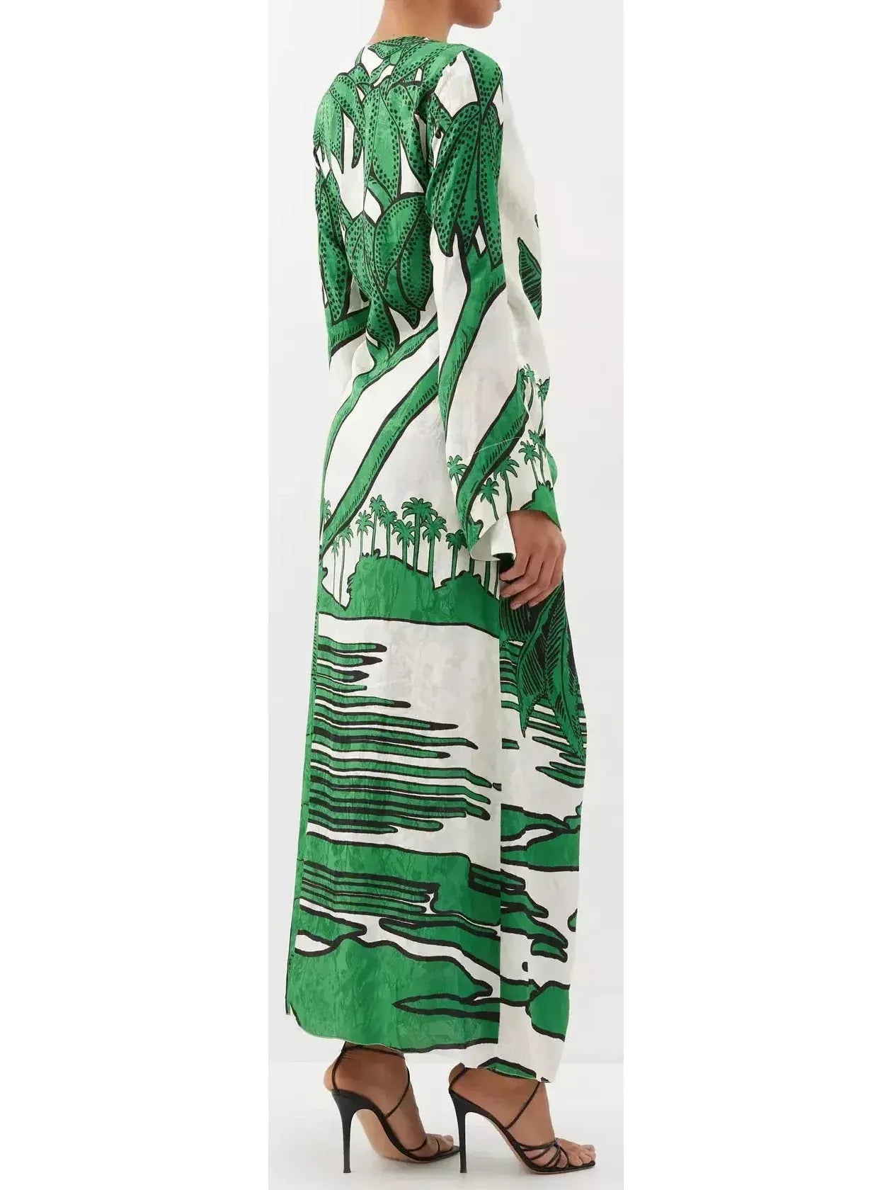 Green and White Palm-Printed Jacquard Wrap Dress - Dresses