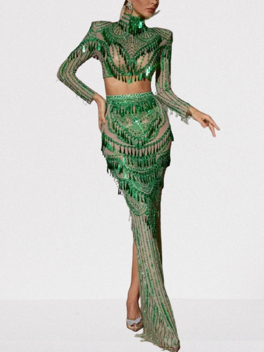 Green Crystal and Sequin-Embellished Top and Skirt Set - Suits & Sets