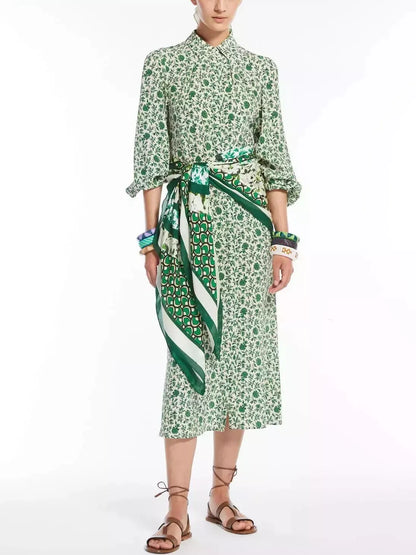 Green Floral Printed Silk Midi Dress - Dresses