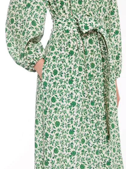 Green Floral Printed Silk Midi Dress - Dresses