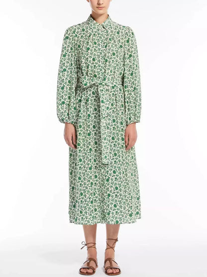 Green Floral Printed Silk Midi Dress - Dresses