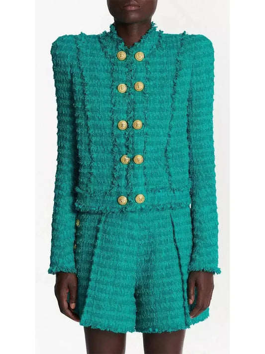 Green Fringed Tweed Jacket - Jackets