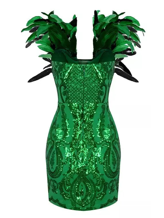 Green Mesh Sequined Feather Mini Dress - Dresses