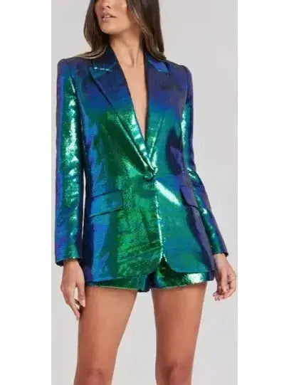 Green Sequin Embellished Blazer and Short Set - small - Suits & Sets