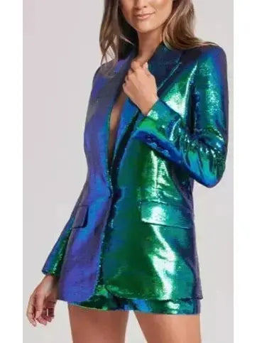 Green Sequin Embellished Blazer and Short Set - Suits & Sets