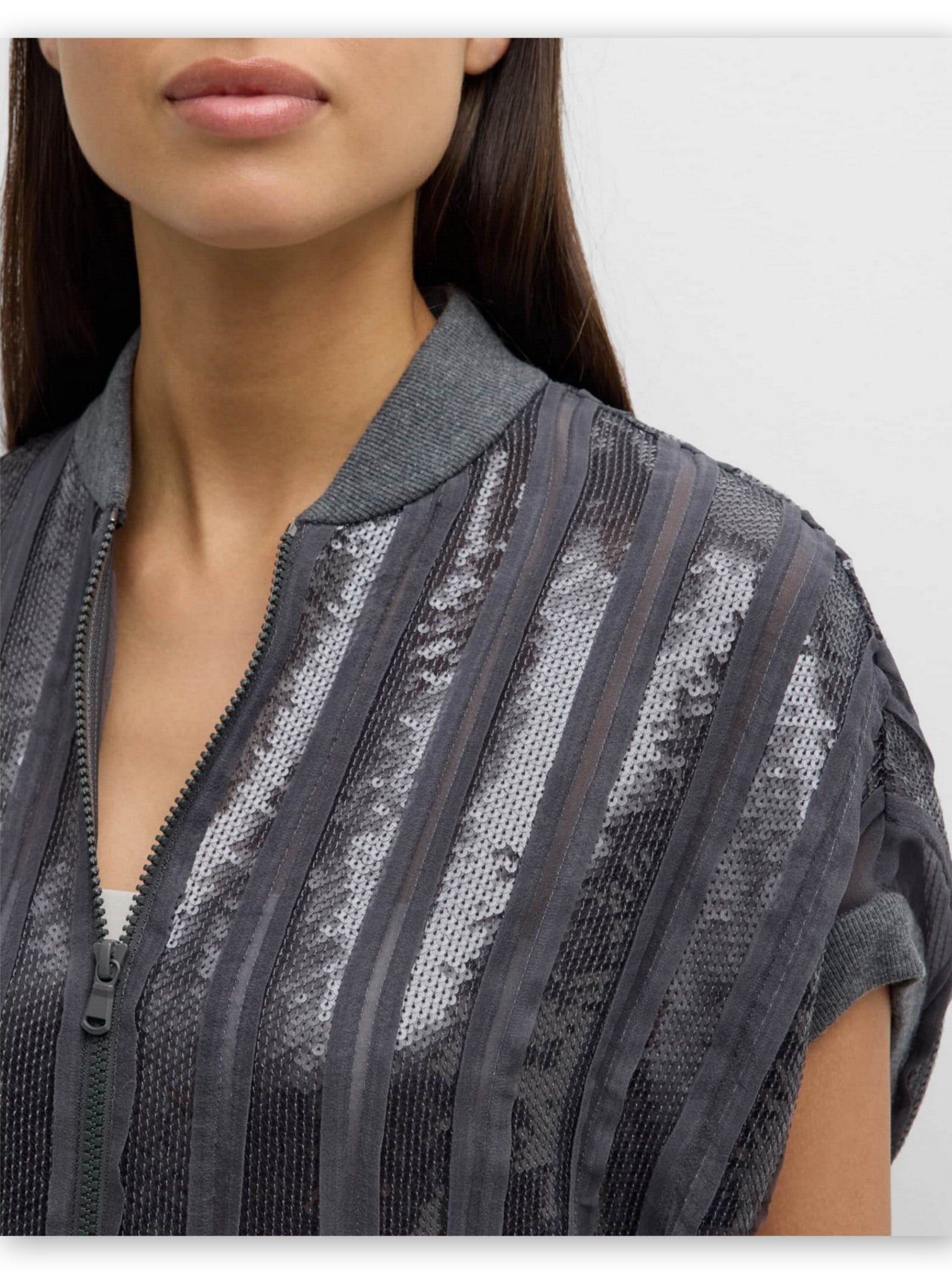 Gray Sequin Stripe Sleeveless Zip Jacket showcasing a stylish sequin stripe top
