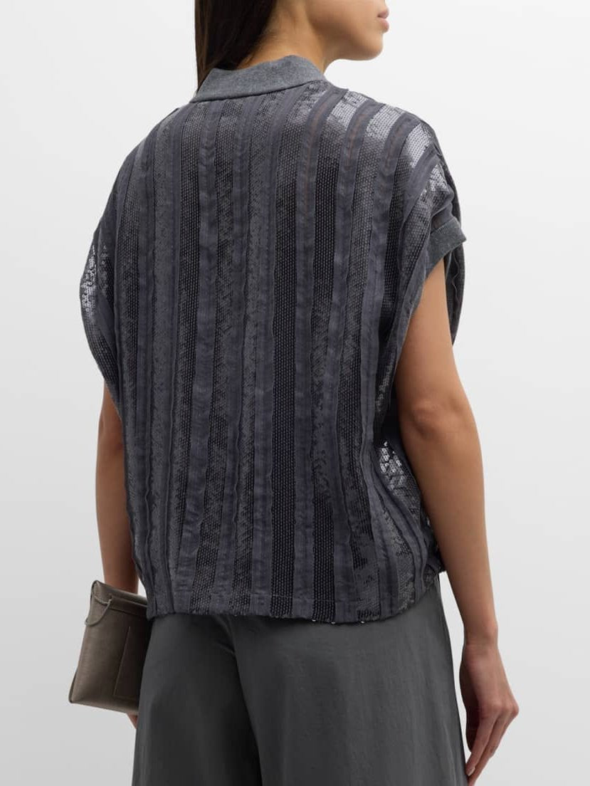 Gray striped sequin top of a Grey Sequin Stripe Sleeveless Zip Jacket