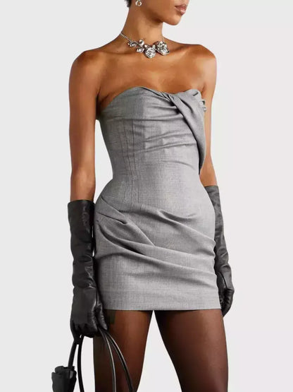 Grey Strapless Draped Ruched Mini Dress - Dresses