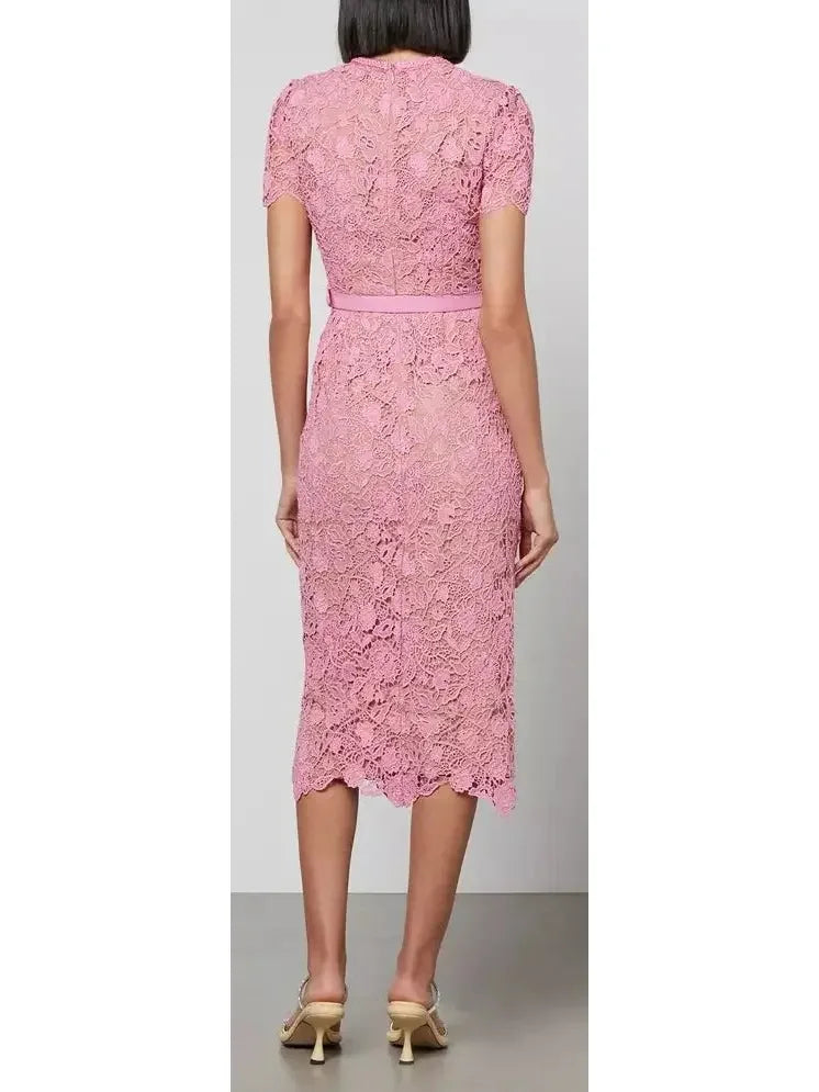Guipure Lace Midi Dress Pink - Dresses