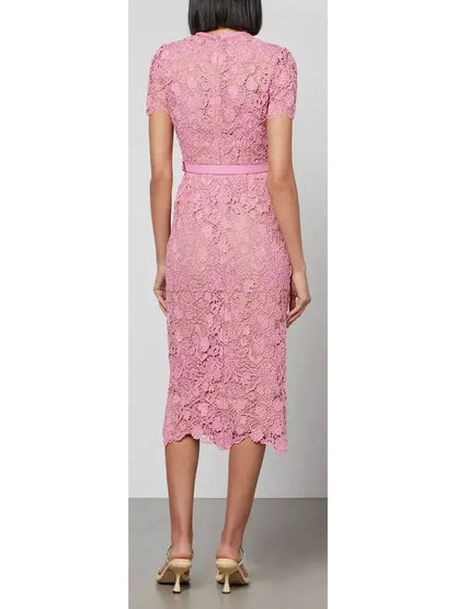 Guipure Lace Midi Dress Pink - Dresses