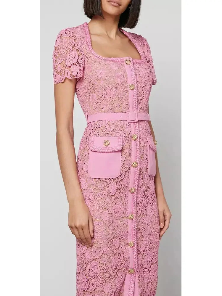 Guipure Lace Midi Dress Pink - Dresses