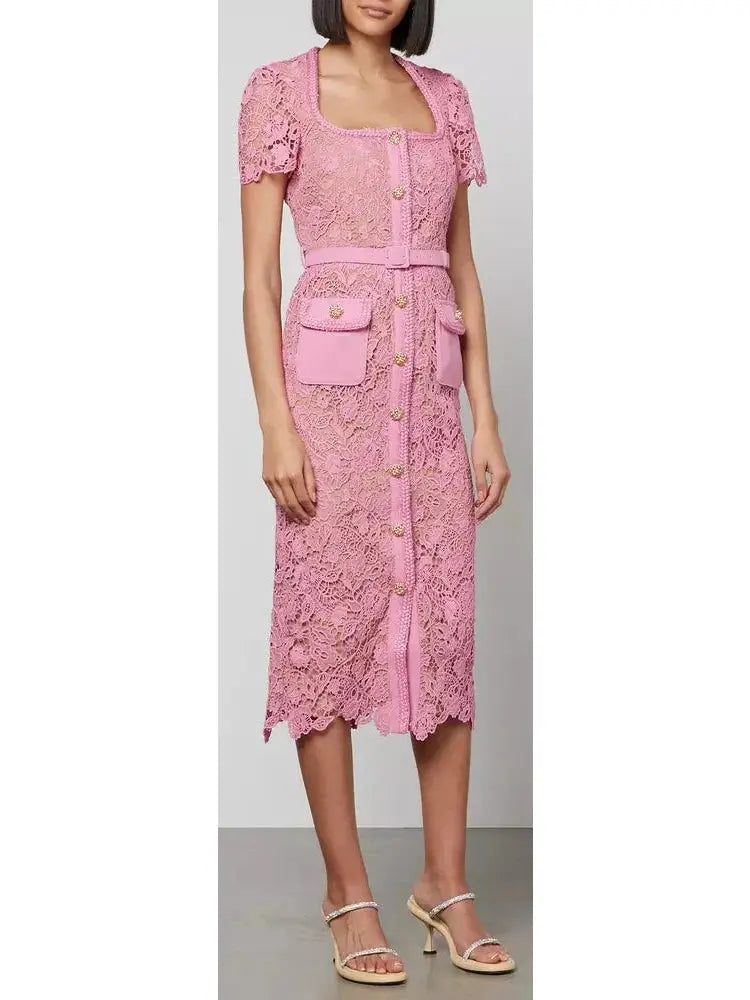 Guipure Lace Midi Dress Pink - Dresses