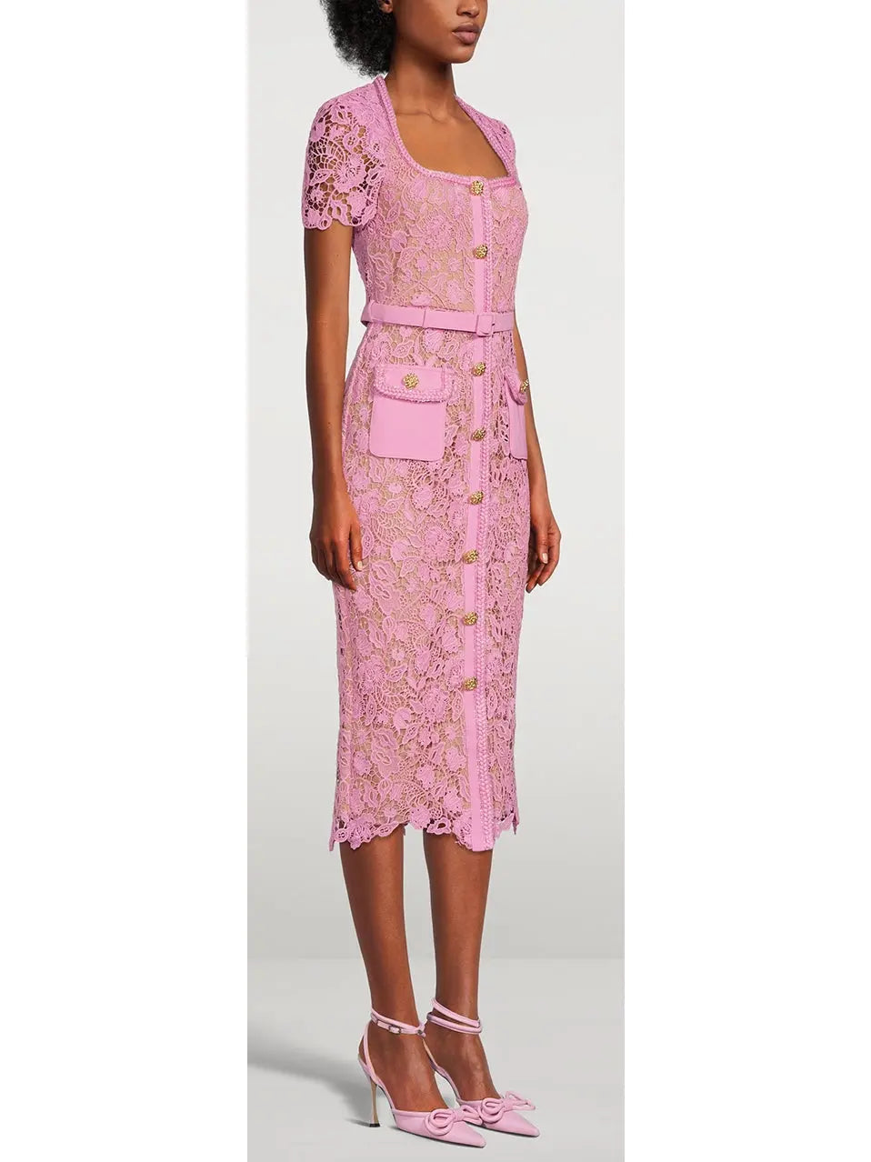 Guipure Lace Midi Dress Pink - Dresses