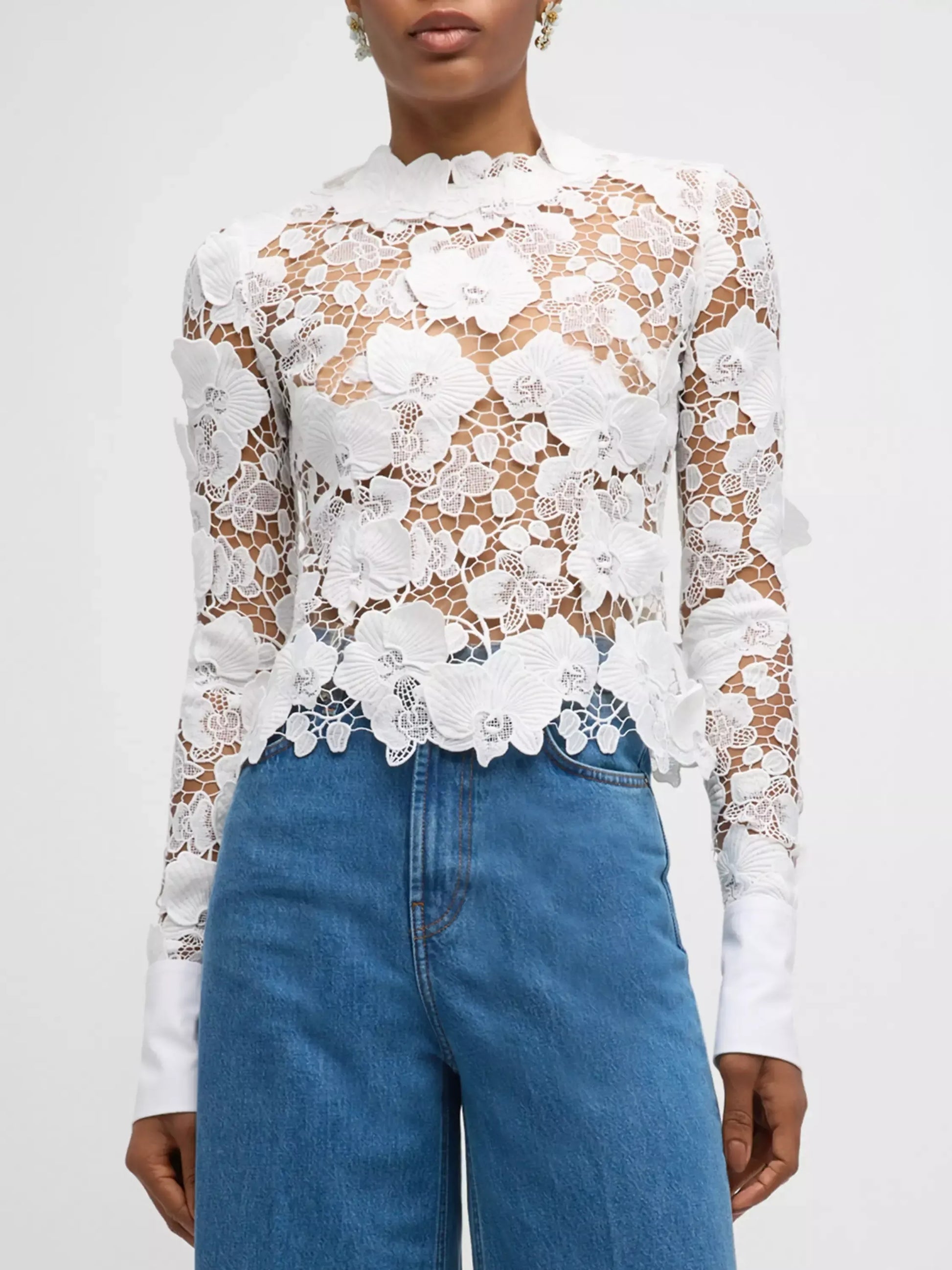 Guipure Lace Semi Sheer Long Sleeve Blouse - Tops