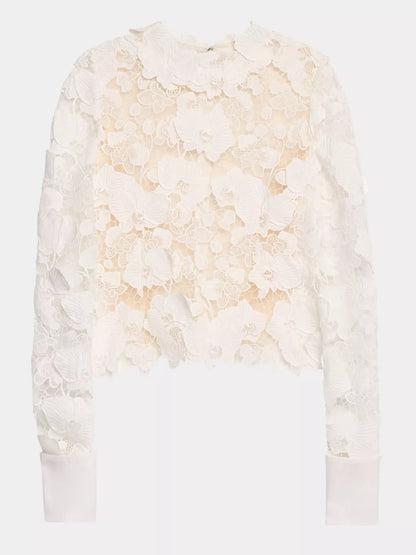 Guipure Lace Semi Sheer Long Sleeve Blouse - Tops