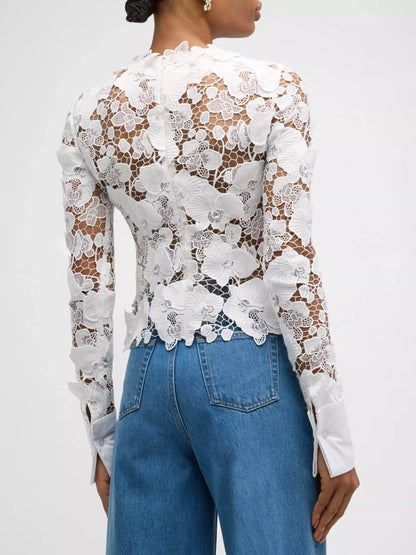 Guipure Lace Semi Sheer Long Sleeve Blouse - Tops