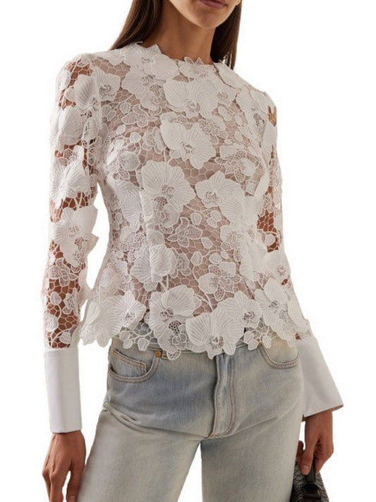 Guipure Lace Semi Sheer Long Sleeve Blouse - Small - Tops