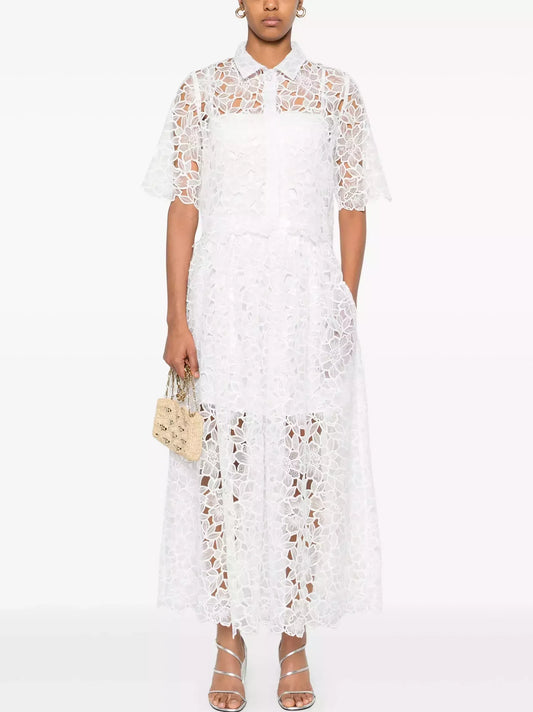 Guipure Lace White Cropped Shirt and Skirt Set - Suits & Sets