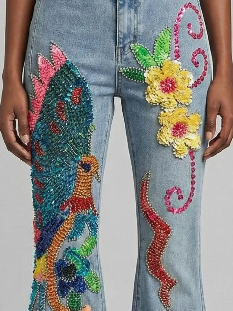 Light Blue Sequin and Beaded Flare Denim Jeans - Jeans & Pants