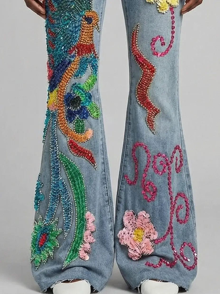 Light Blue Sequin and Beaded Flare Denim Jeans - Jeans & Pants
