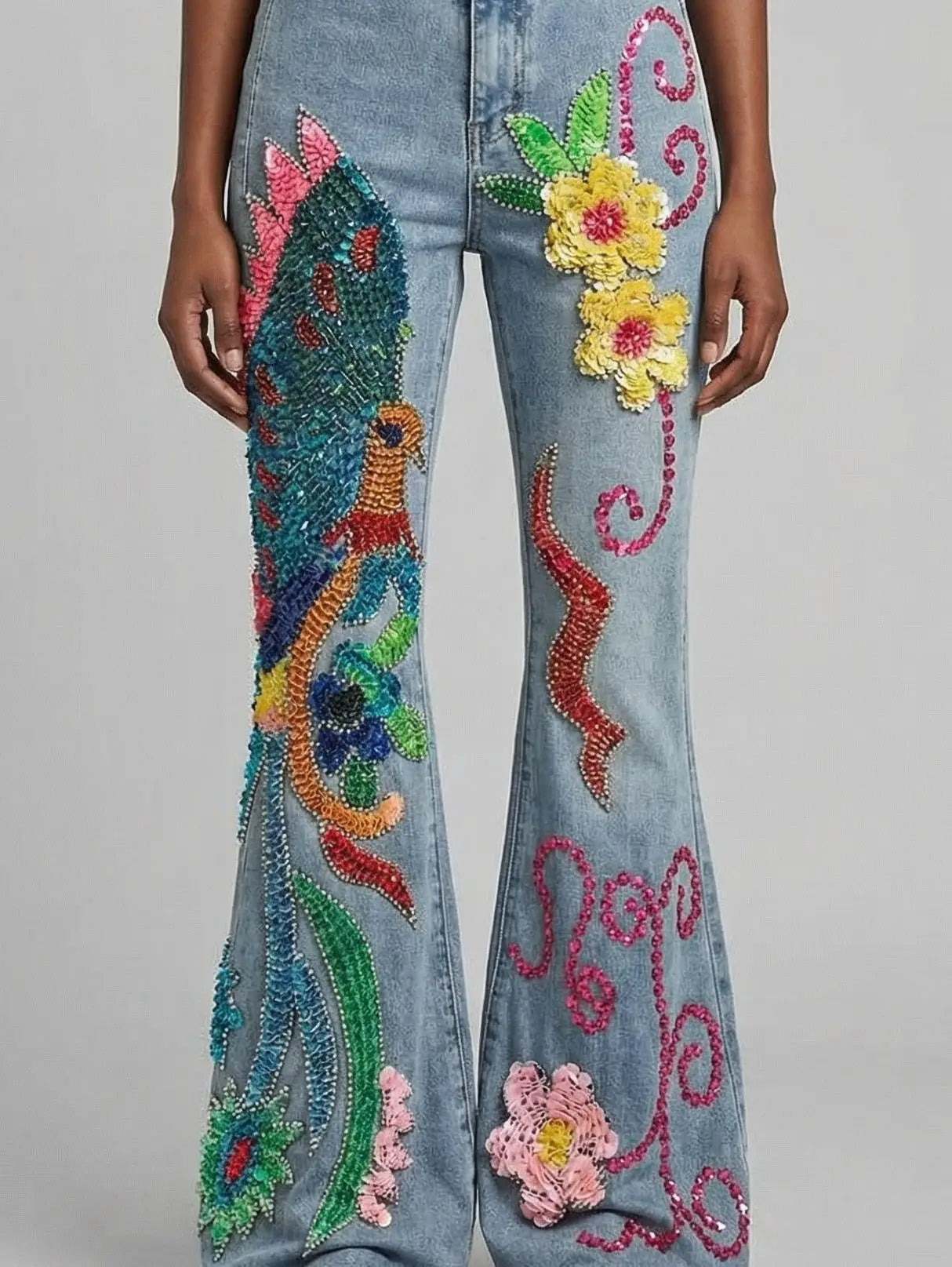 Light Blue Sequin and Beaded Flare Denim Jeans - Jeans & Pants
