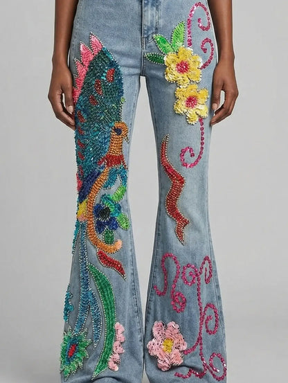 Light Blue Sequin and Beaded Flare Denim Jeans - Jeans & Pants