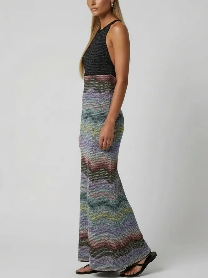 Halter Knit Maxi Dress with Zig Zag Detail - Dresses
