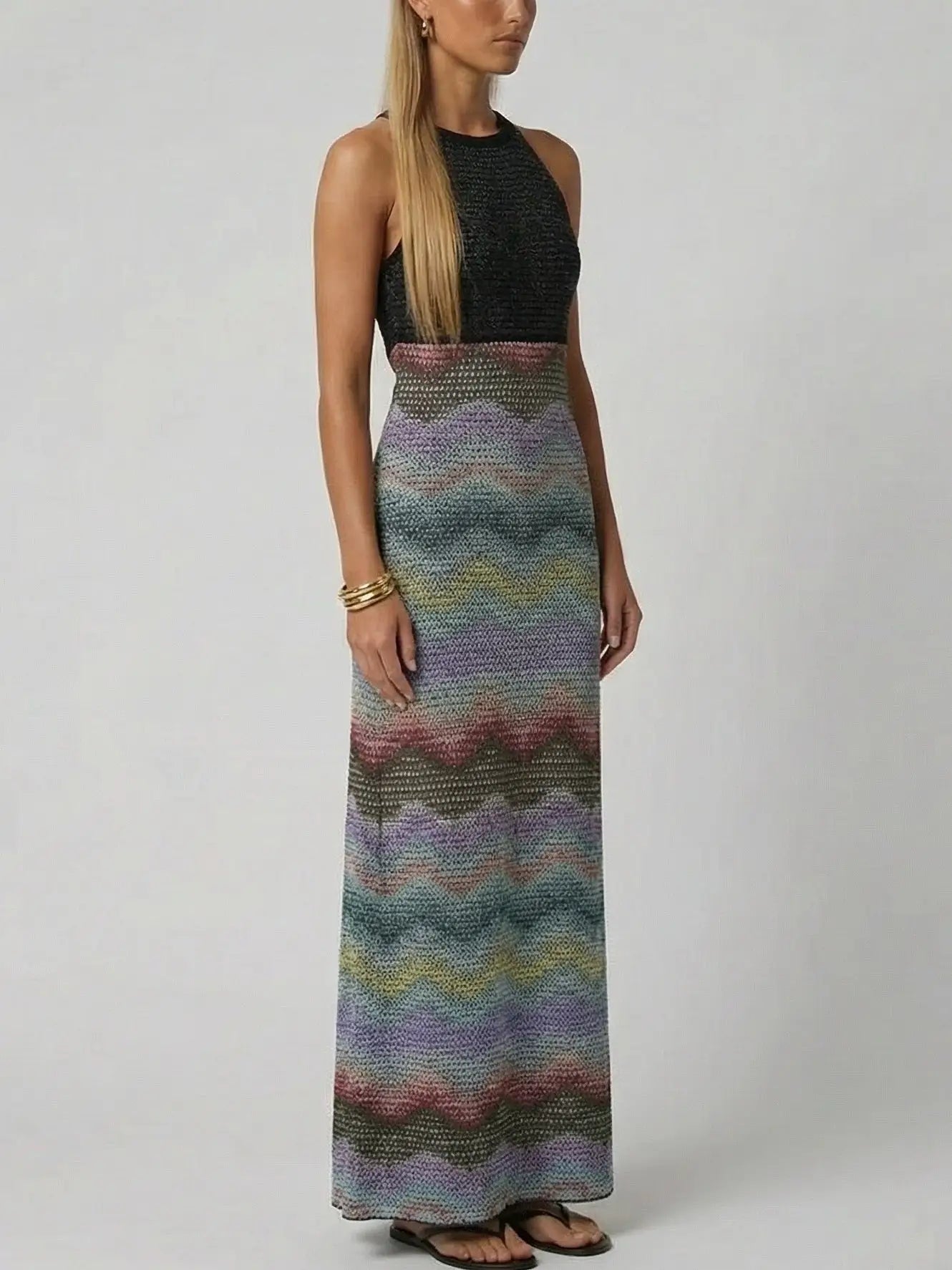 Halter Knit Maxi Dress with Zig Zag Detail - Dresses