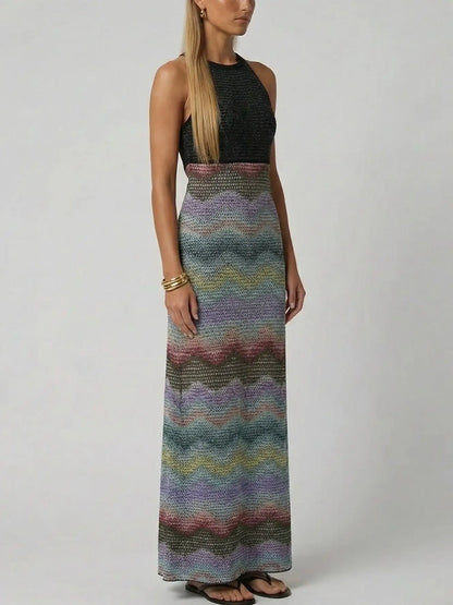 Halter Knit Maxi Dress with Zig Zag Detail - Dresses