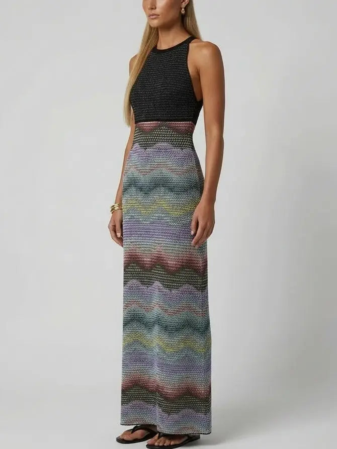 Halter Knit Maxi Dress with Zig Zag Detail - Dresses