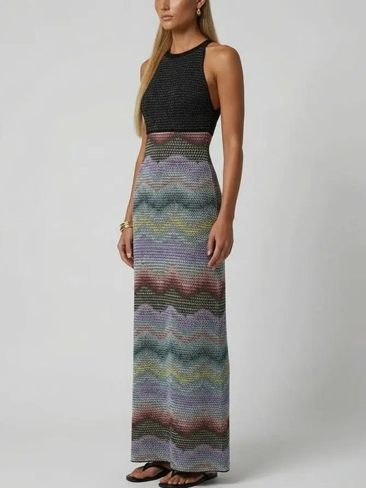 Halter Knit Maxi Dress with Zig Zag Detail - Dresses