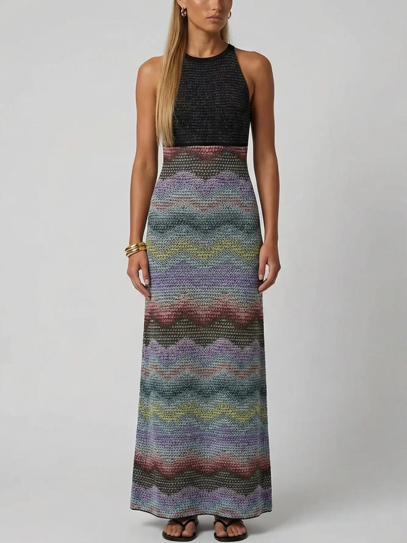 Halter Knit Maxi Dress with Zig Zag Detail - Dresses