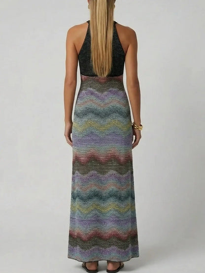 Halter Knit Maxi Dress with Zig Zag Detail - Dresses