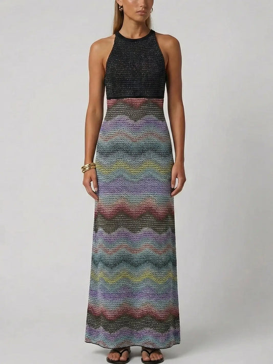 Halter Knit Maxi Dress with Zig Zag Detail - S - Dresses