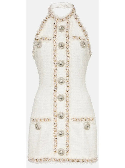 Halter-Neck Embellished Tweed Mini Dress - s - Dresses