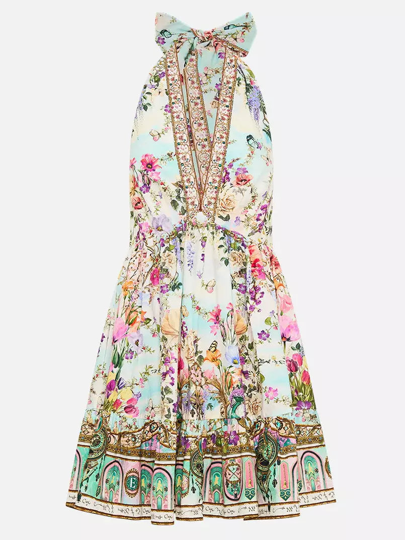 Halter-neck multicolored floral printed mini dress with embellished trim on display