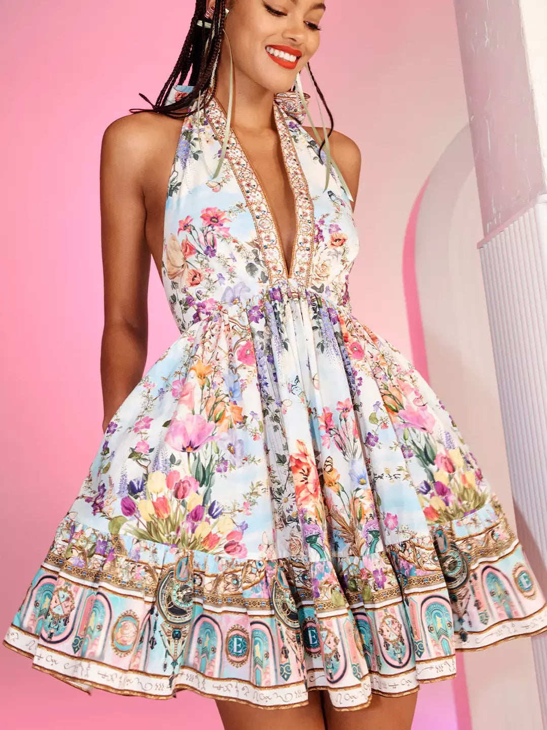 Halter-Neck Multicolored Floral Printed Mini Dress with vibrant floral patterns