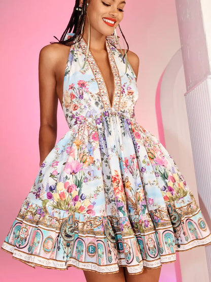 Halter-Neck Multicolored Floral Printed Mini Dress with vibrant floral patterns