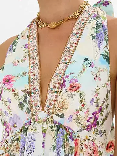 Floral halter-neck multicolored floral printed mini dress with gold necklace detail