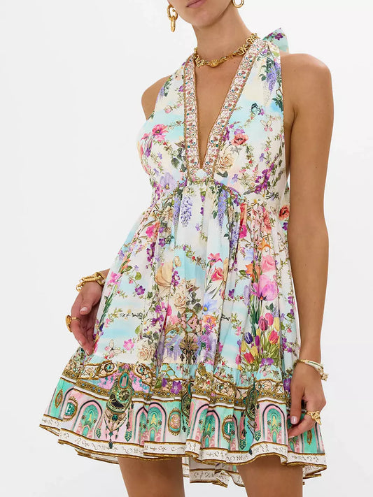 Halter-Neck Multicolored Floral Printed Mini Dress showcasing vibrant floral patterns
