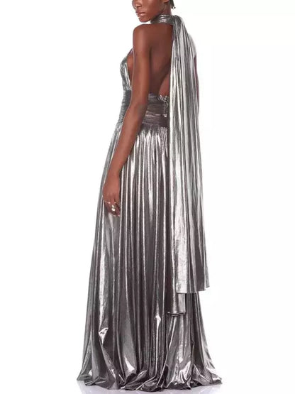 Halter-Neck Silver Pleated Sleeveless Gown - Dresses