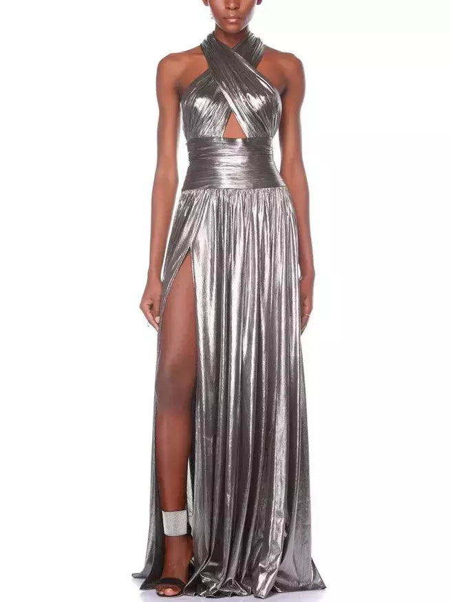 Halter-Neck Silver Pleated Sleeveless Gown - Dresses