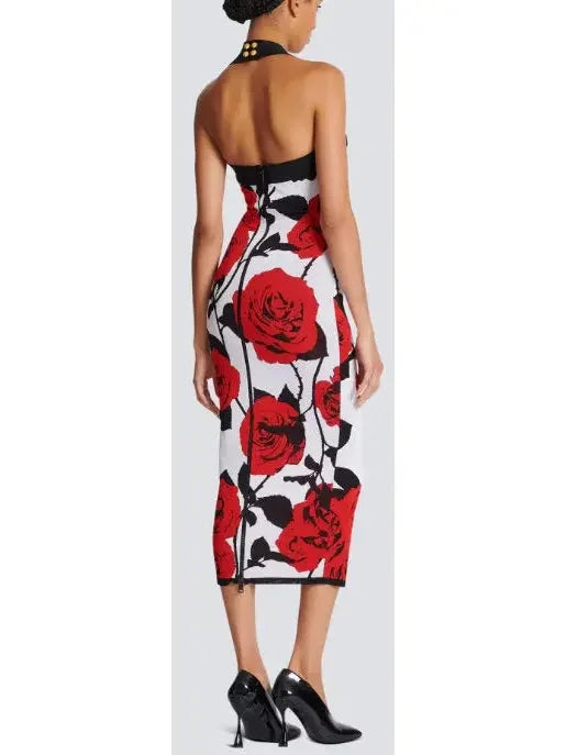 Halterneck Dress in Red Roses Jacquard Knit