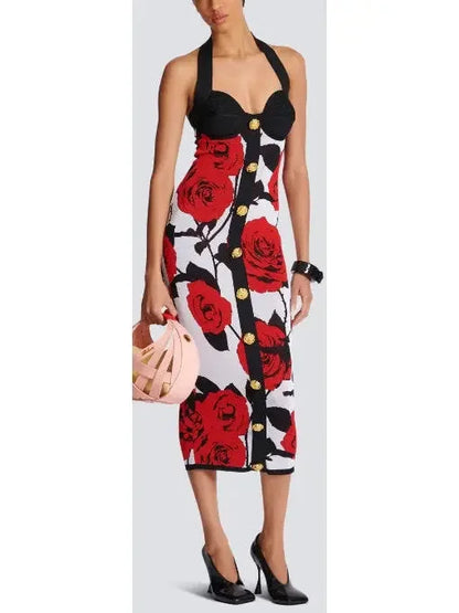 Halterneck Dress in Red Roses Jacquard Knit