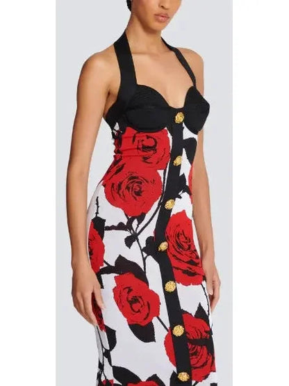 Halterneck Dress in Red Roses Jacquard Knit